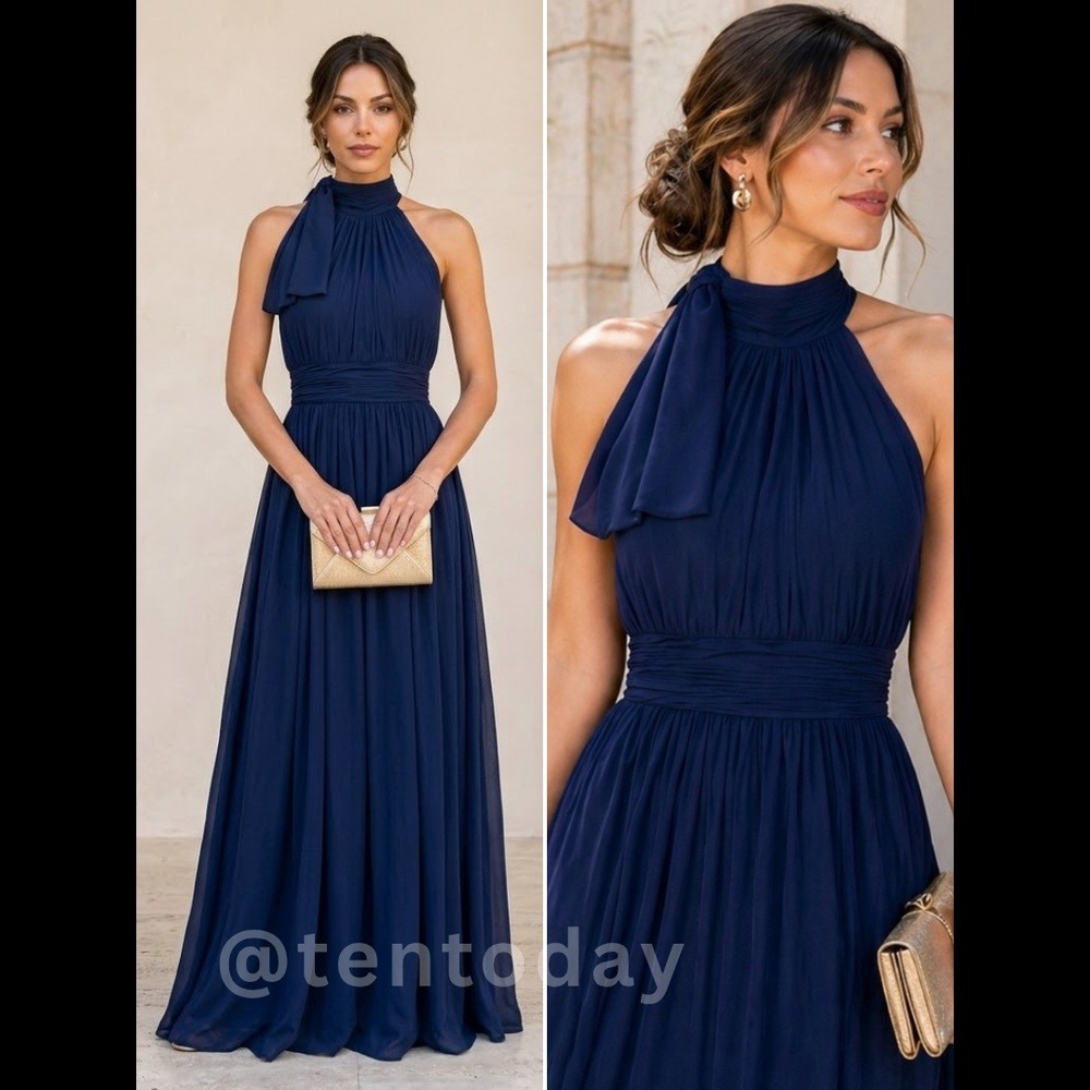 Mac Duggal Size 2 Navy Dark Blue High Neck Chiffon Long Maxi Gown Formal Dress
